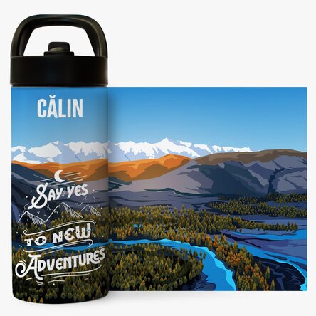 Termos cu mâner și pai personalizat cu nume - New adventures