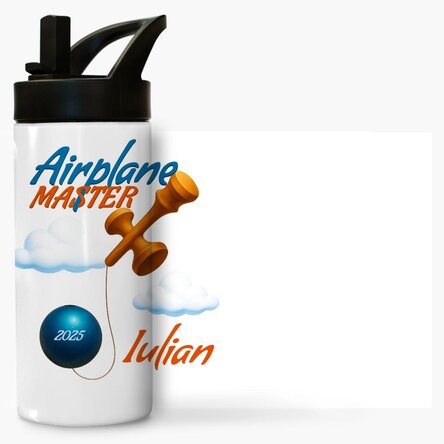 Termos cu mâner și pai personalizat cu nume pentru copii - Airplane Master