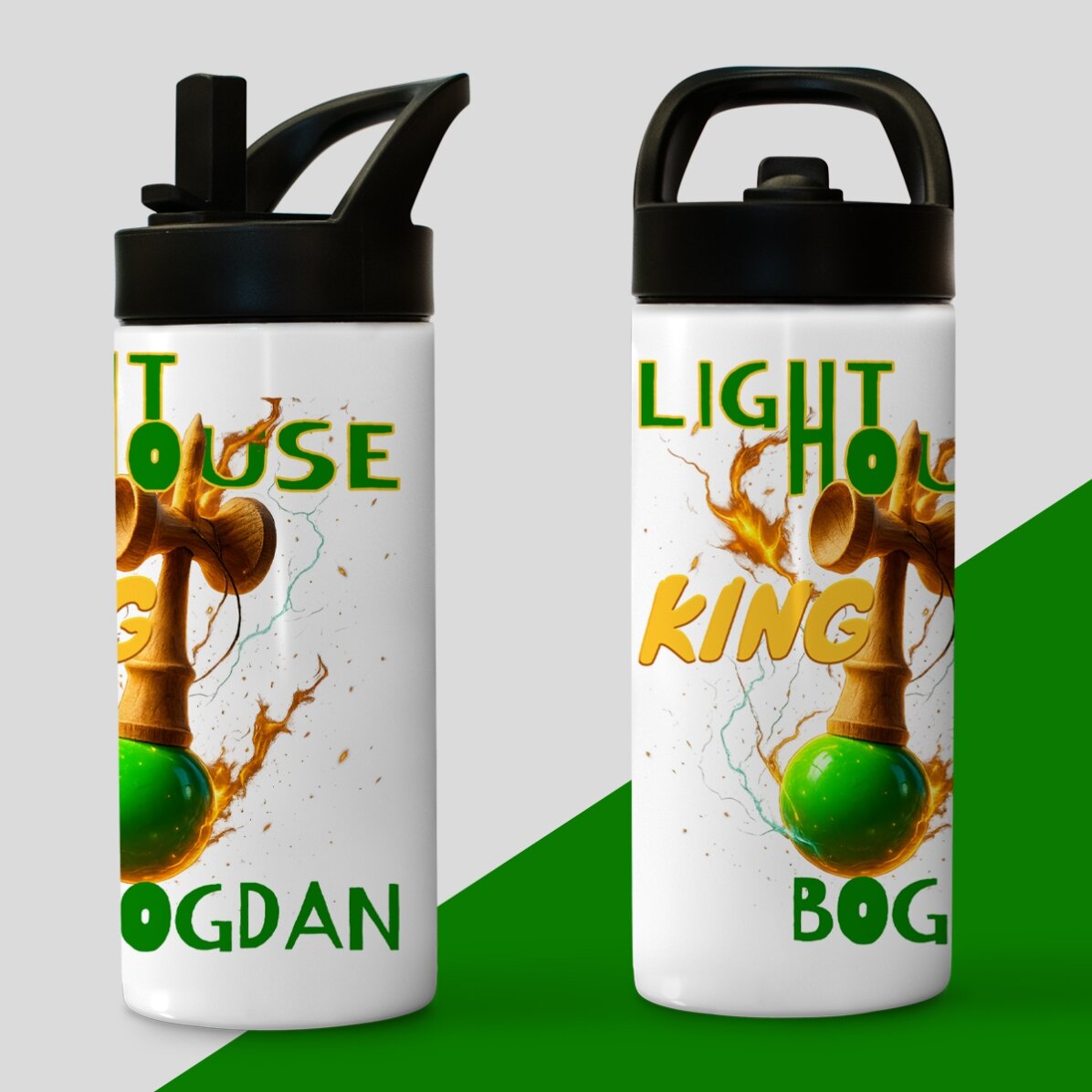 Termos cu mâner și pai personalizat cu nume pentru copii - Lighthouse King