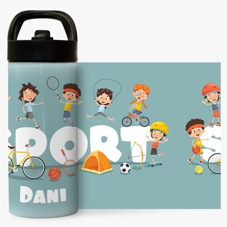 Termos cu mâner și pai personalizat cu nume pentru copii - Sport