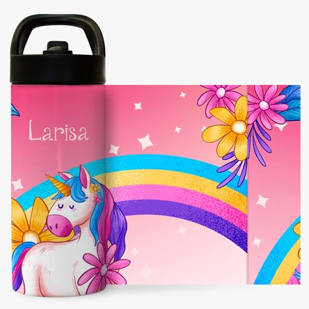 Termos cu mâner și pai personalizat cu nume pentru copii - Unicorn