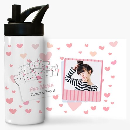 Termos cu mâner și pai personalizat cu nume și poză - Kitty