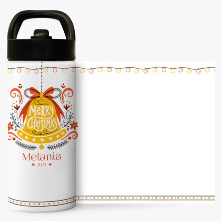 Termos cu mâner și pai personalizat cu text - Clopot Merry Christmas