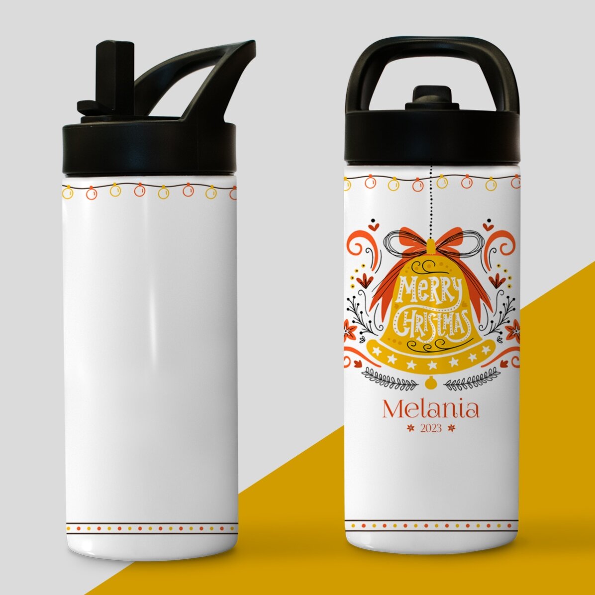 Termos cu mâner și pai personalizat cu text - Clopot Merry Christmas
