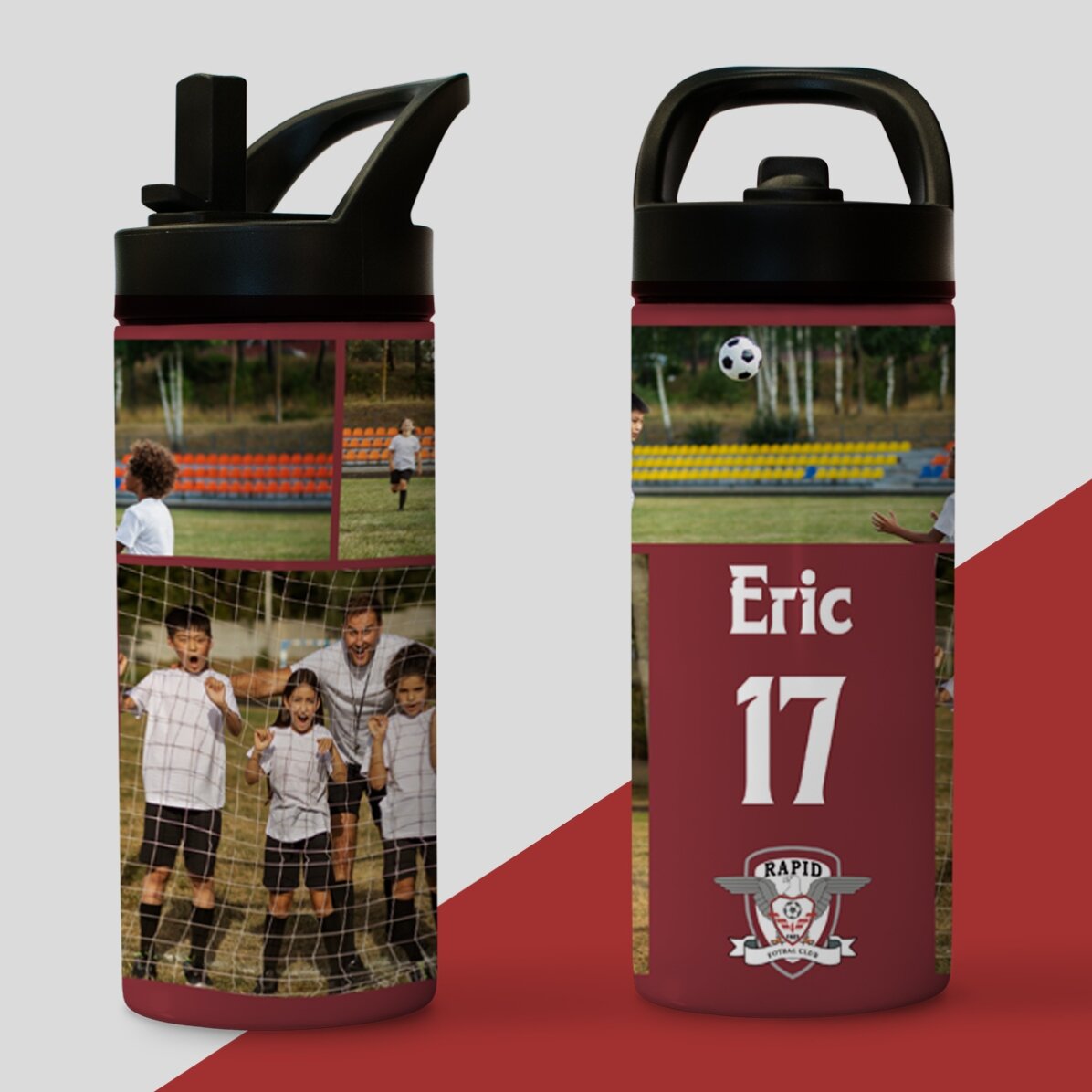 Termos FC Rapid cu mâner și pai personalizat cu 4 poze și text 