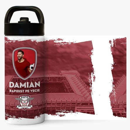 Termos FC Rapid cu mâner și pai personalizat cu poză și text - Rapidist pe vecie