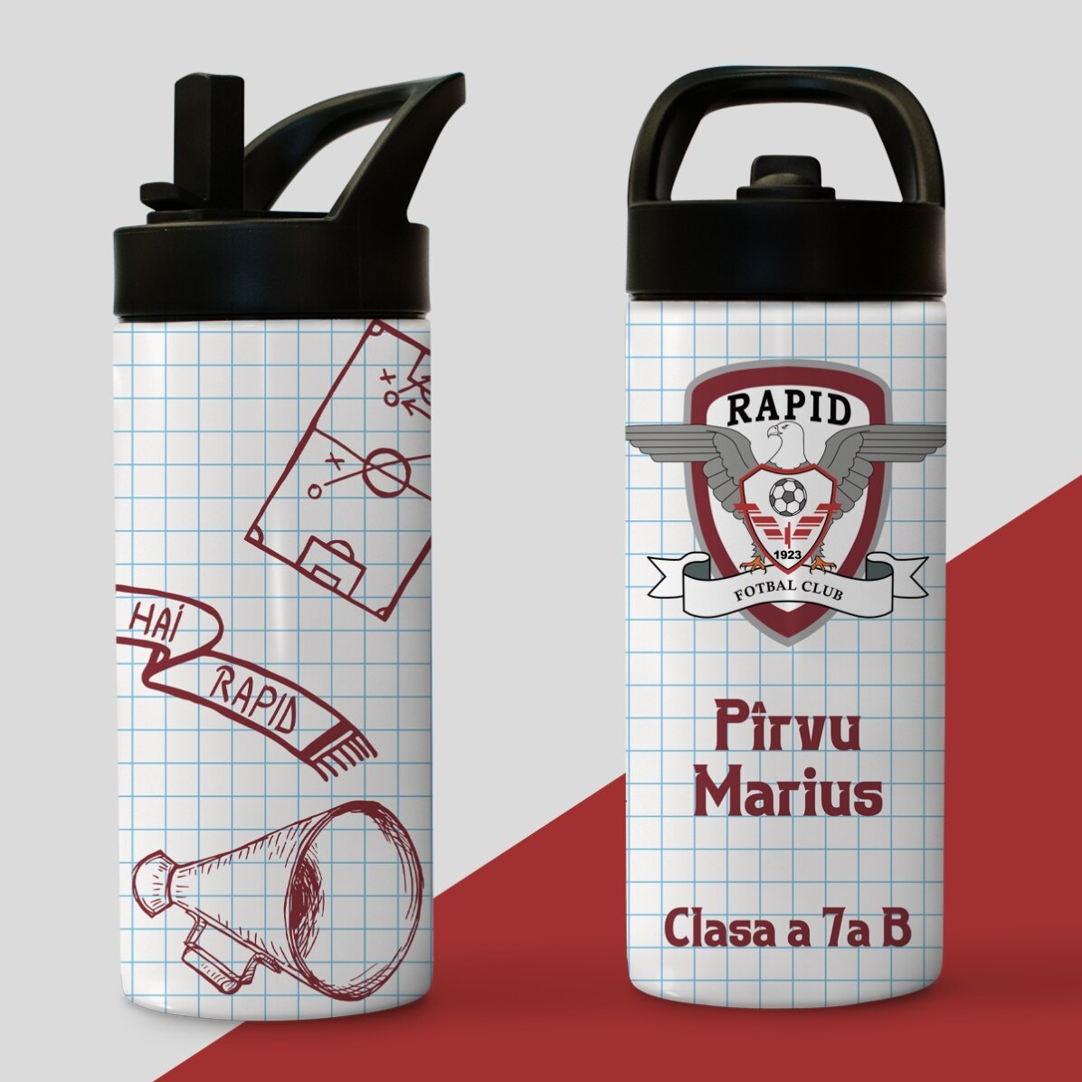 Termos FC Rapid cu mâner și pai personalizat cu text - Doodle