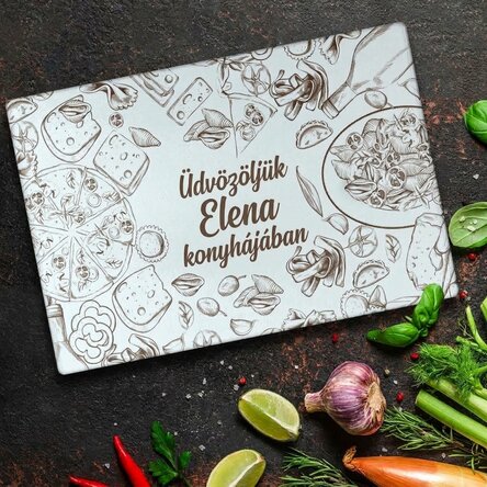 Személyre szabott üveg vágódeszka szöveggel - Üdvözöljük a konyhában!