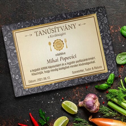 Személyre szabott üveg vágódeszka szöveggel - Kiválósági tanúsítvány