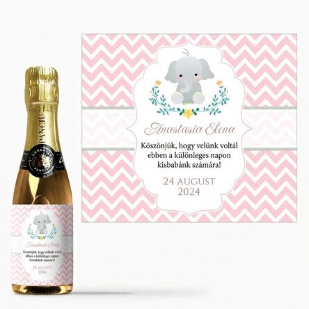 Mini pezsgősüveg, személyre szabott szöveggel, keresztelői ajándékként – Elephant