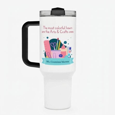Thermos mug with handle and straw, personalised with message - Art Teacher
