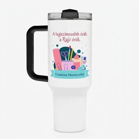 Thermos bögre fogantyúval és szívószállal, személyre szabott üzenettel - Művészet tanár