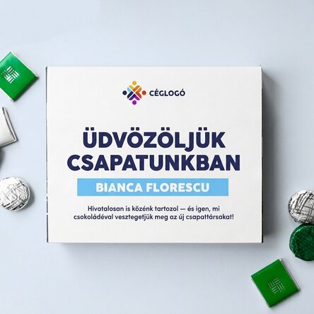 Személyre szabott csokoládédoboz üzenettel és logóval az alkalmazottak számára
