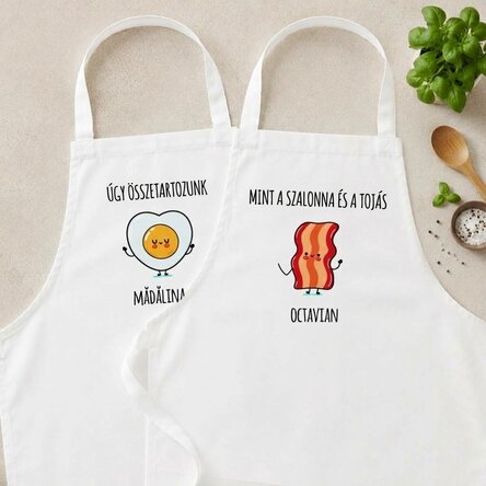 Személyre szabott kötények páros szett vicces felirattal – Bacon and eggs