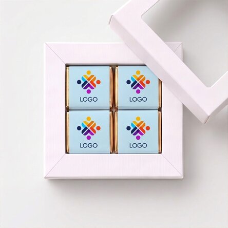 Gift box containing 4 mini chocolates personalised with a logo