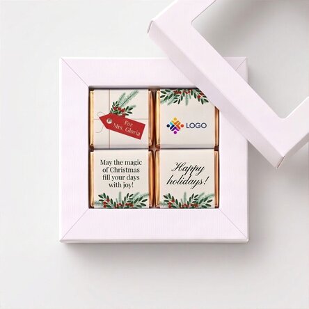 Gift box containing 4 mini chocolates, personalised with a logo and a Christmas message