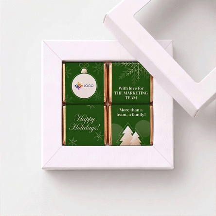 Gift box containing 4 mini chocolates, personalised with a logo and message for the team