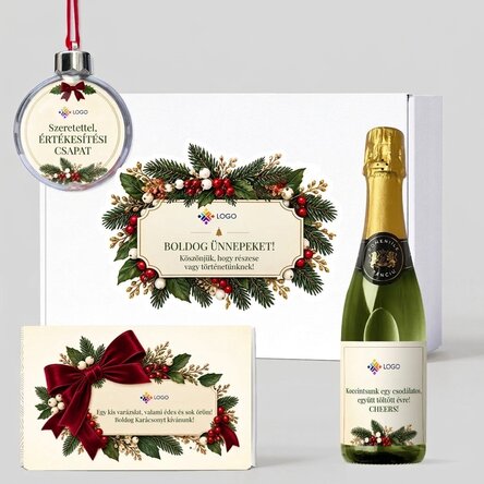 Ajándékdoboz – „Christmas time” logóval és üzenettel személyre szabott termékekkel