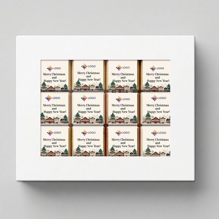 Gift box containing 12 mini chocolates, personalised with a logo and Christmas messages