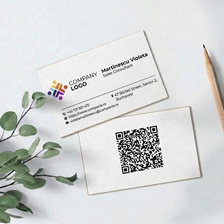 Double-sided personalised paper business cards with a QR code and contact details
