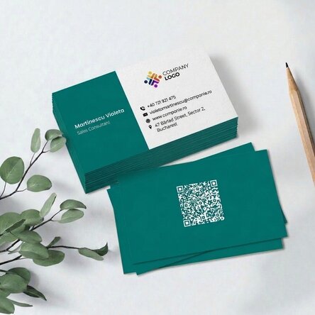 Personalised paper business cards, featuring a coloured stripe, logo and QR code