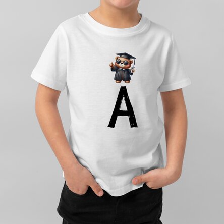 Tricou din bumbac pentru copii personalizat cu inițială  - Ursuleț absolvent