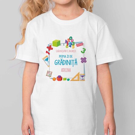 Tricou din bumbac pentru copii personalizat cu mesaj - Prima zi de grădiniță