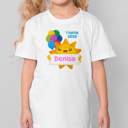 Tricou din bumbac pentru copii personalizat cu mesaj - Soare și baloane colorate