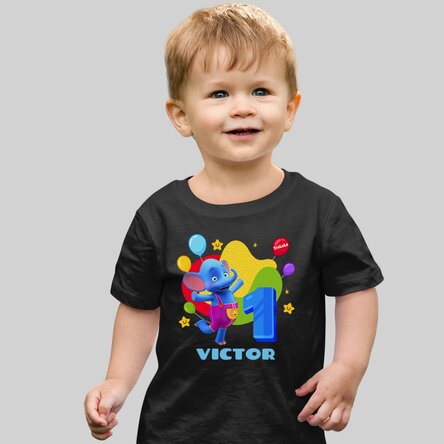 Tricou din bumbac pentru copii personalizat cu nume - Aniversare cu Elefănțelul TraLaLa