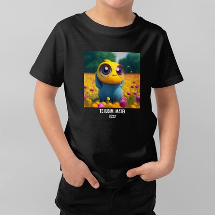 Tricou din bumbac pentru copii personalizat cu o poză pătrată și text