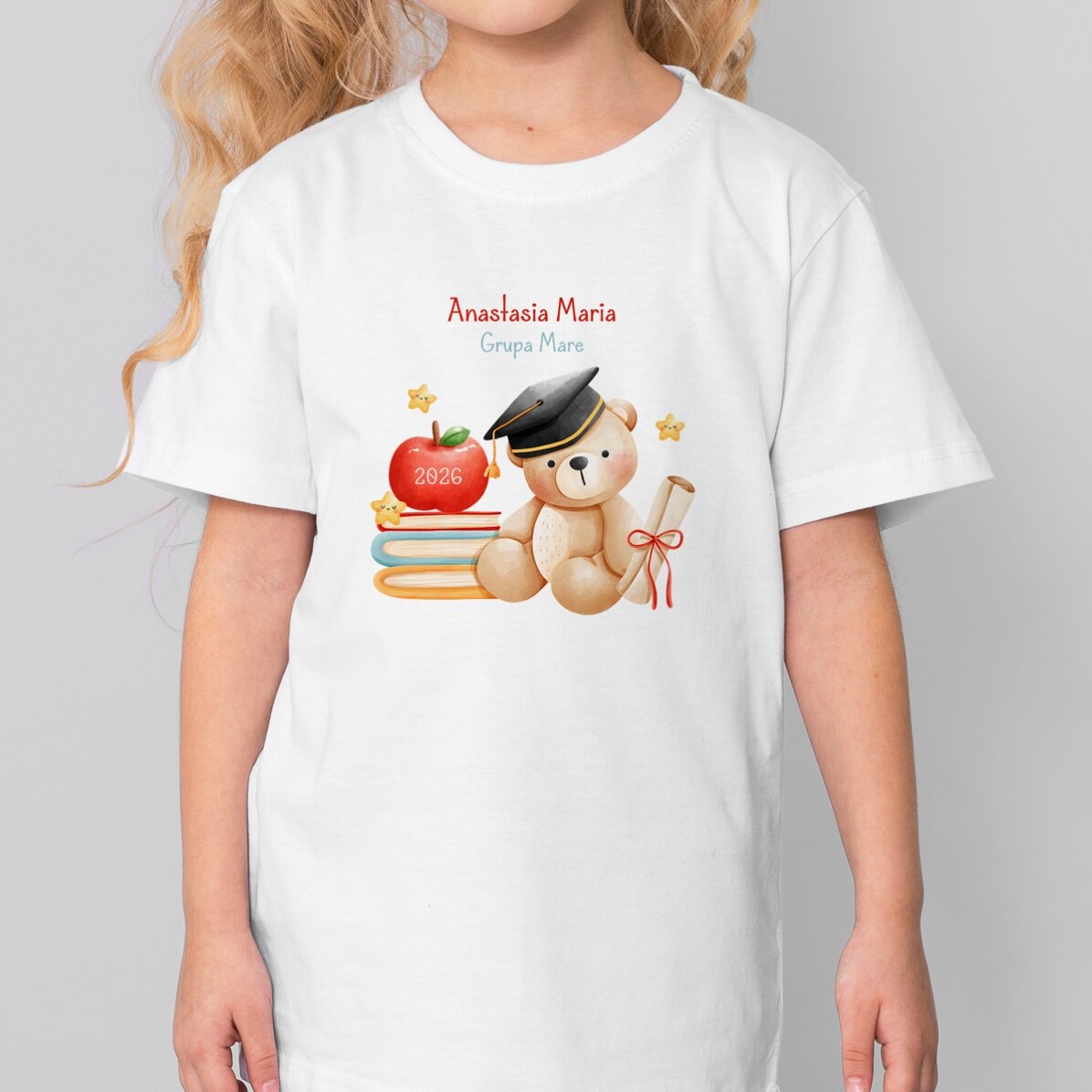 Tricou din bumbac pentru copii personalizat cu text - Ursuleț Absolvent