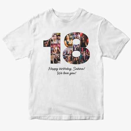 Tricou din bumbac personalizat cu 11 poze și text pentru majorat - 18 ani