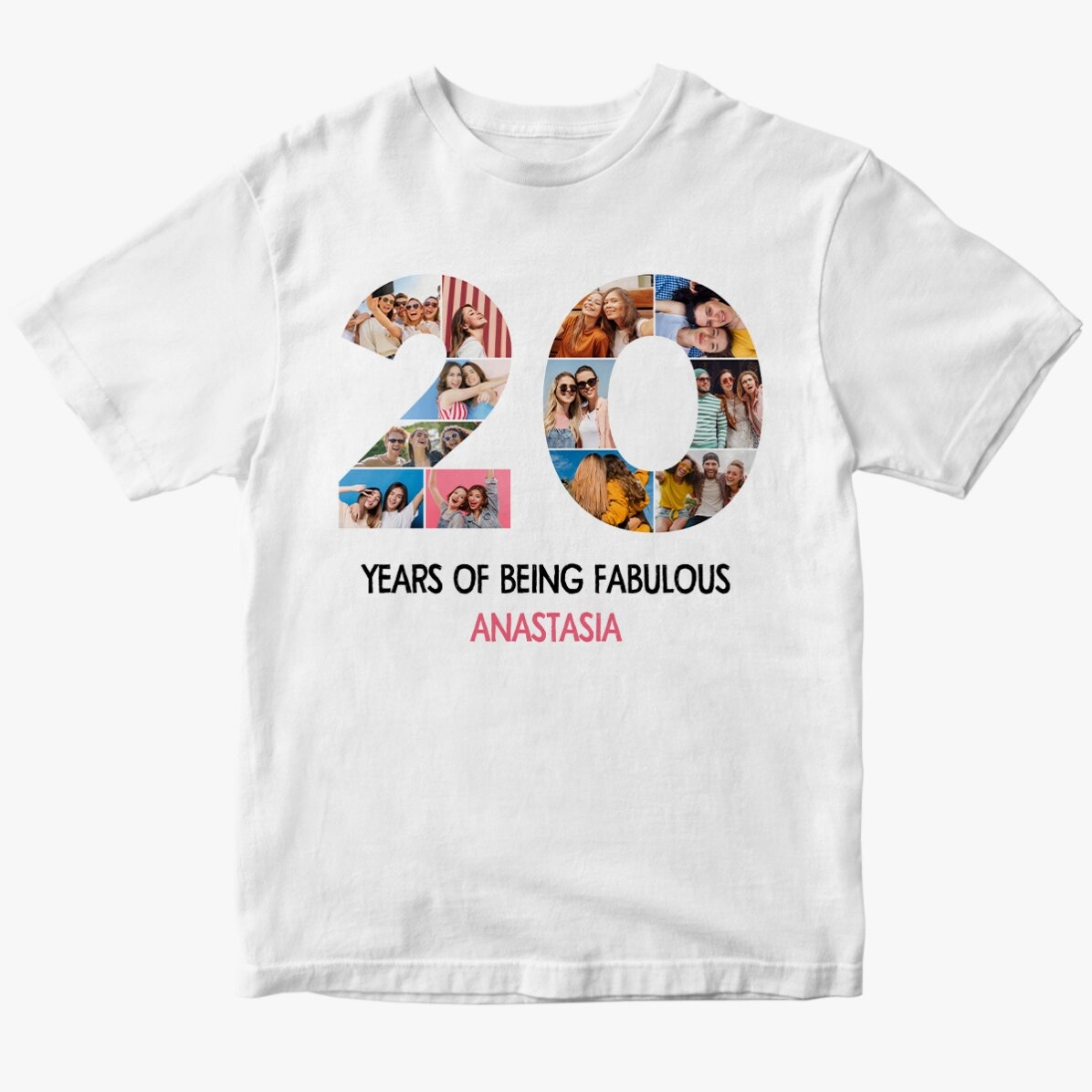 Tricou din bumbac personalizat cu 12 poze și mesaj - 20 de ani