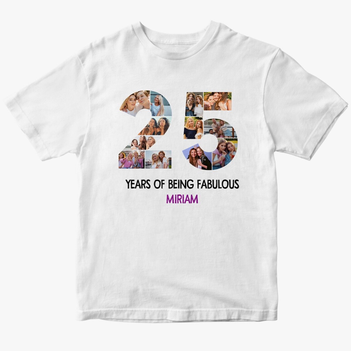 Tricou din bumbac personalizat cu 12 poze și mesaj - 25 de ani