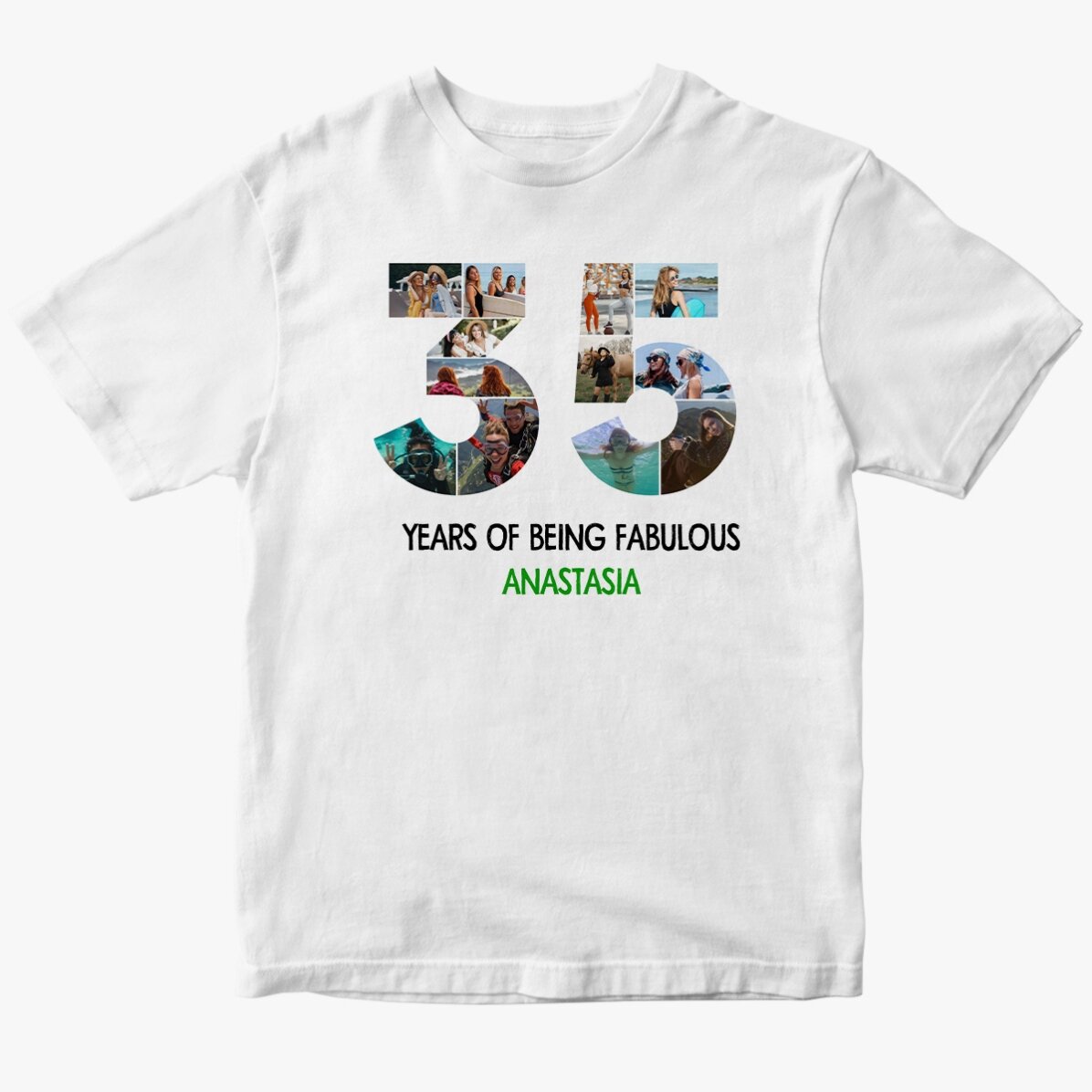 Tricou din bumbac personalizat cu 12 poze și mesaj - 35 de ani 