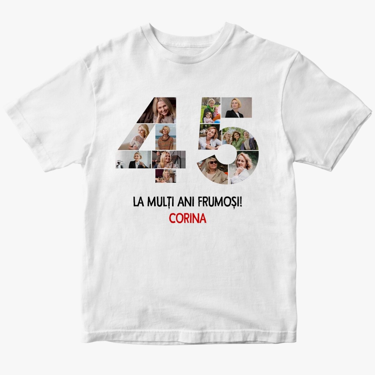 Tricou din bumbac personalizat cu 12 poze și mesaj - 45 de ani 