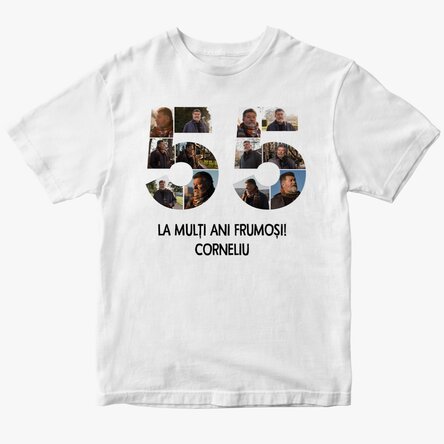Tricou din bumbac personalizat cu 12 poze și mesaj - 55 de ani 