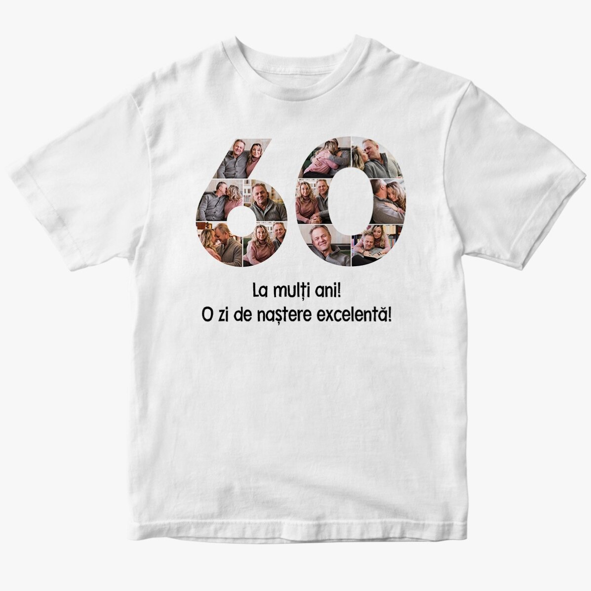 Tricou din bumbac personalizat cu 11 poze și mesaj - 60 de ani 