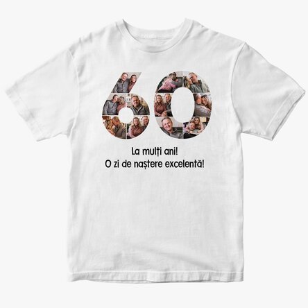 Tricou din bumbac personalizat cu 11 poze și mesaj - 60 de ani 