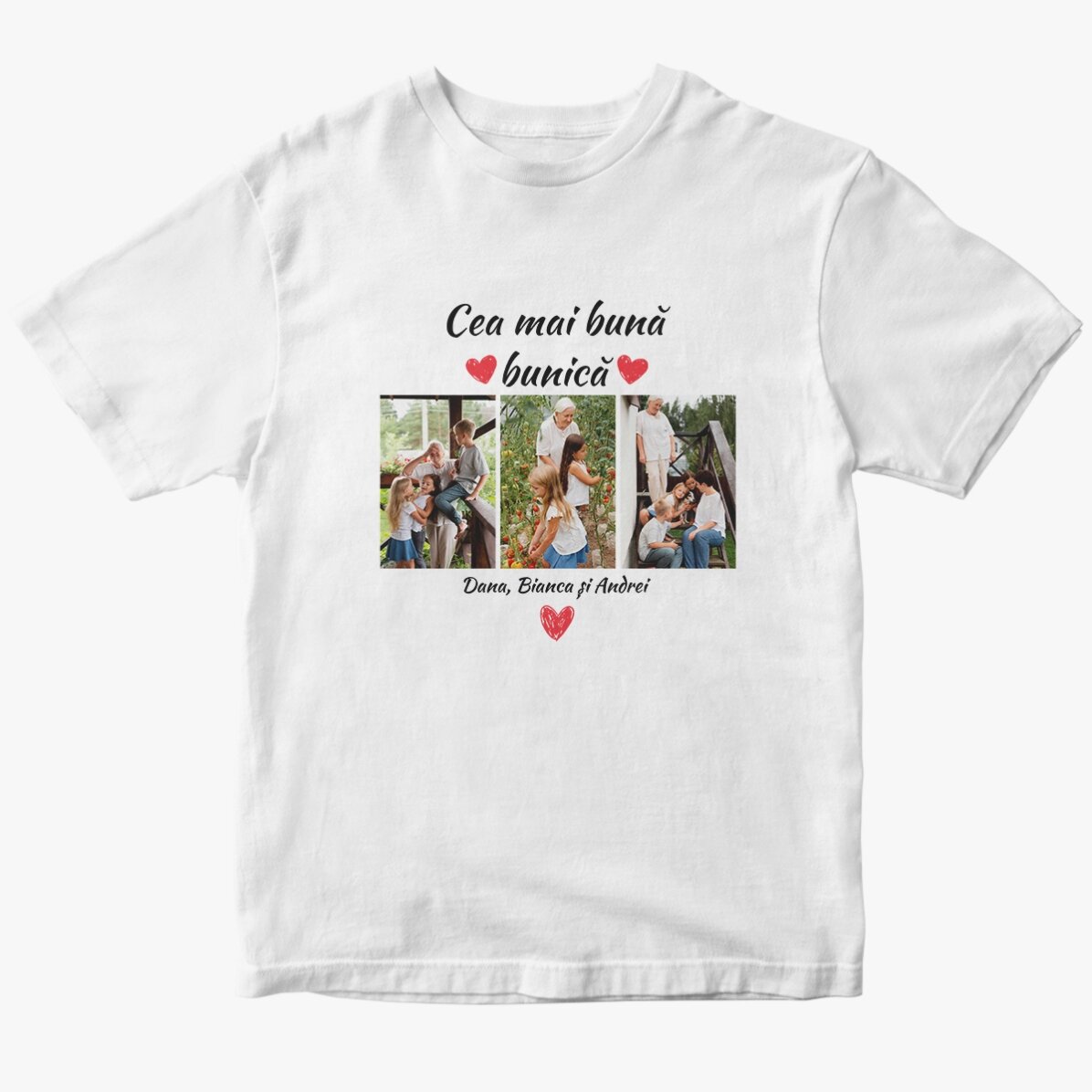 Tricou din bumbac personalizat cu 3 poze și text - Cei mai buni bunici