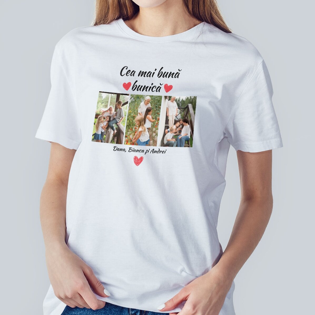 Tricou din bumbac personalizat cu 3 poze și text - Cei mai buni bunici