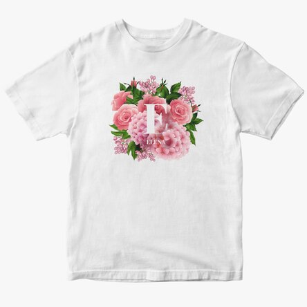 Tricou din bumbac personalizat cu inițială și nume - Flori de primăvară