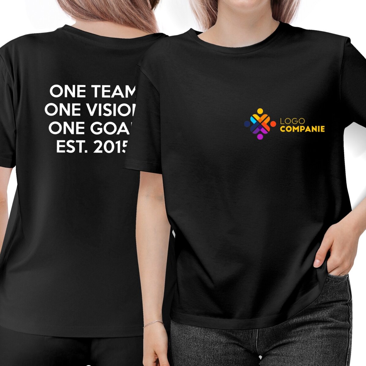 Tricou din bumbac personalizat cu logo pe față și text pe spate