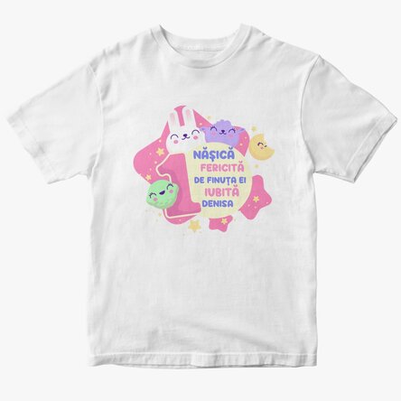 Tricou din bumbac personalizat cu text (model fetițe) - Aniversare 1 an