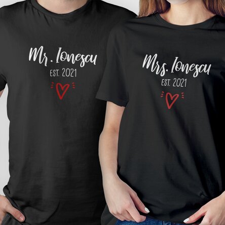 Tricou din bumbac personalizat cu text - Mr & Mrs