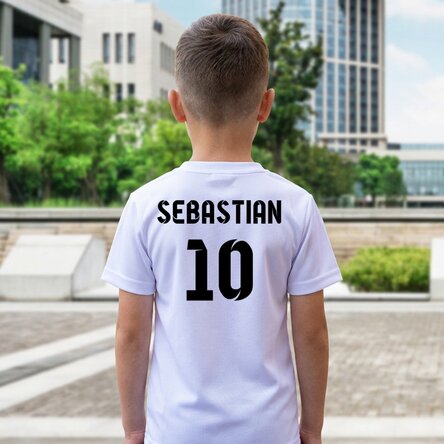 Tricou sport pentru copii personalizat pe spate cu nume și număr - model fotbal