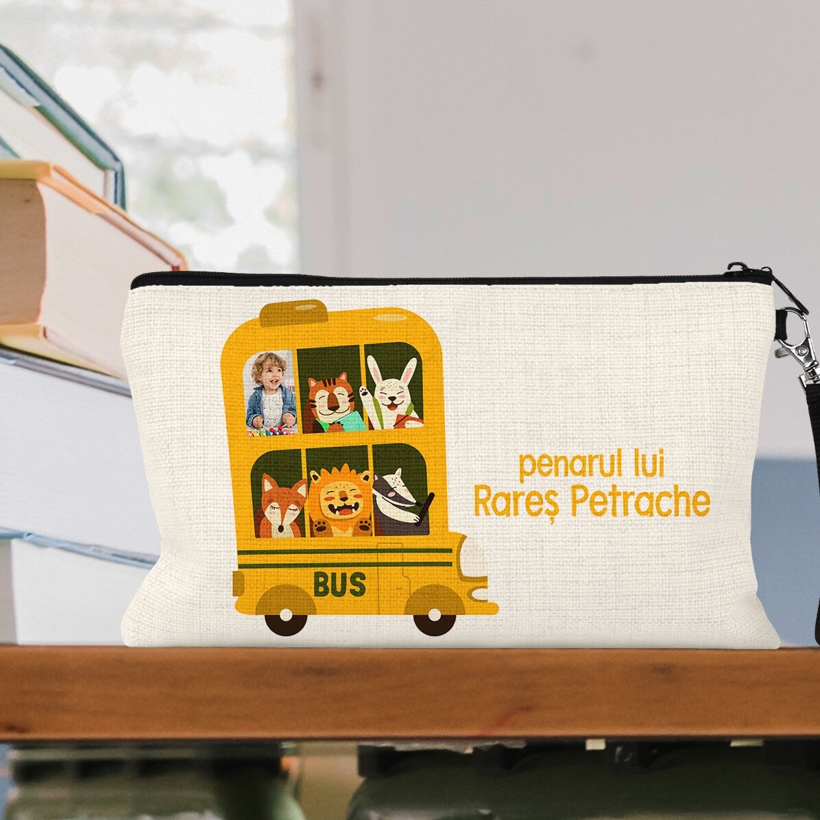 Trusă pentru școală personalizată cu poză și text - Autobuz