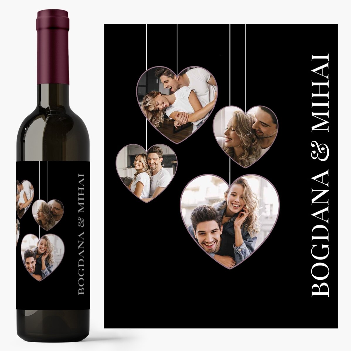 Vin personalizat cu 4 poze în formă de inimă pentru cuplu