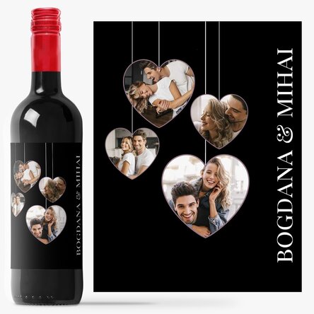 Vin personalizat cu 4 poze în formă de inimă pentru cuplu