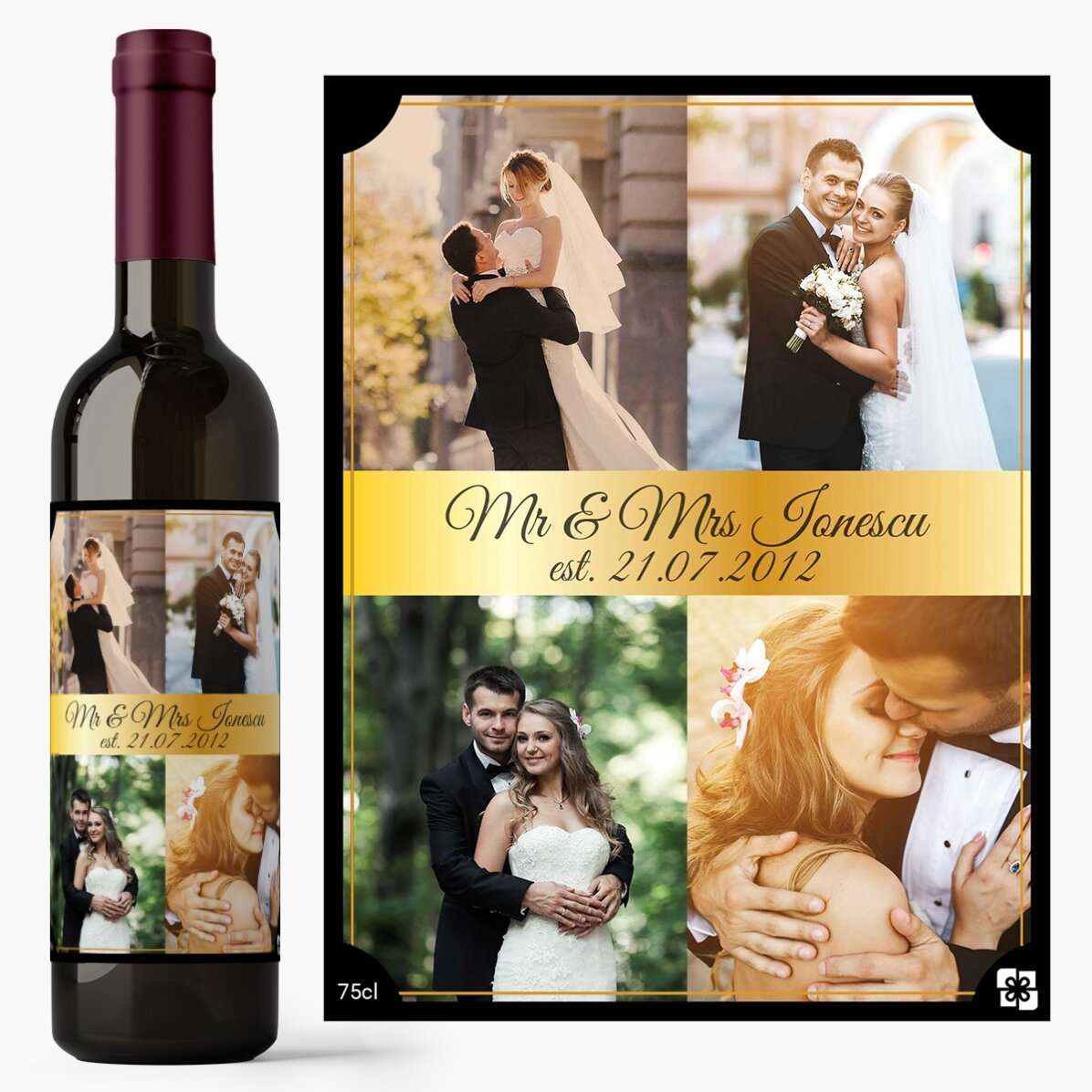 Vin personalizat cu 4 poze pentru cuplu